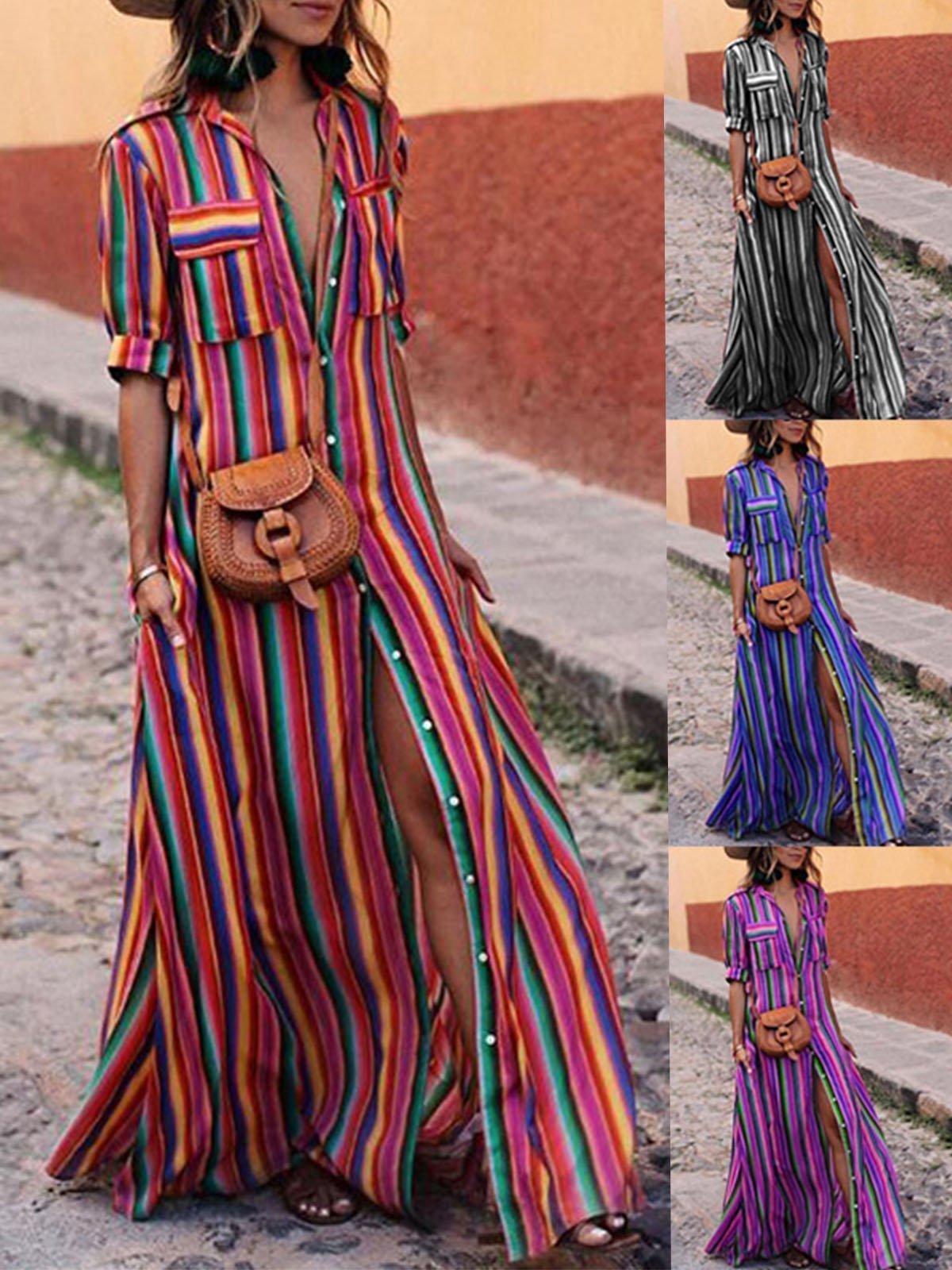 Beach Bohemian Pocket Stripe Super Long Dress