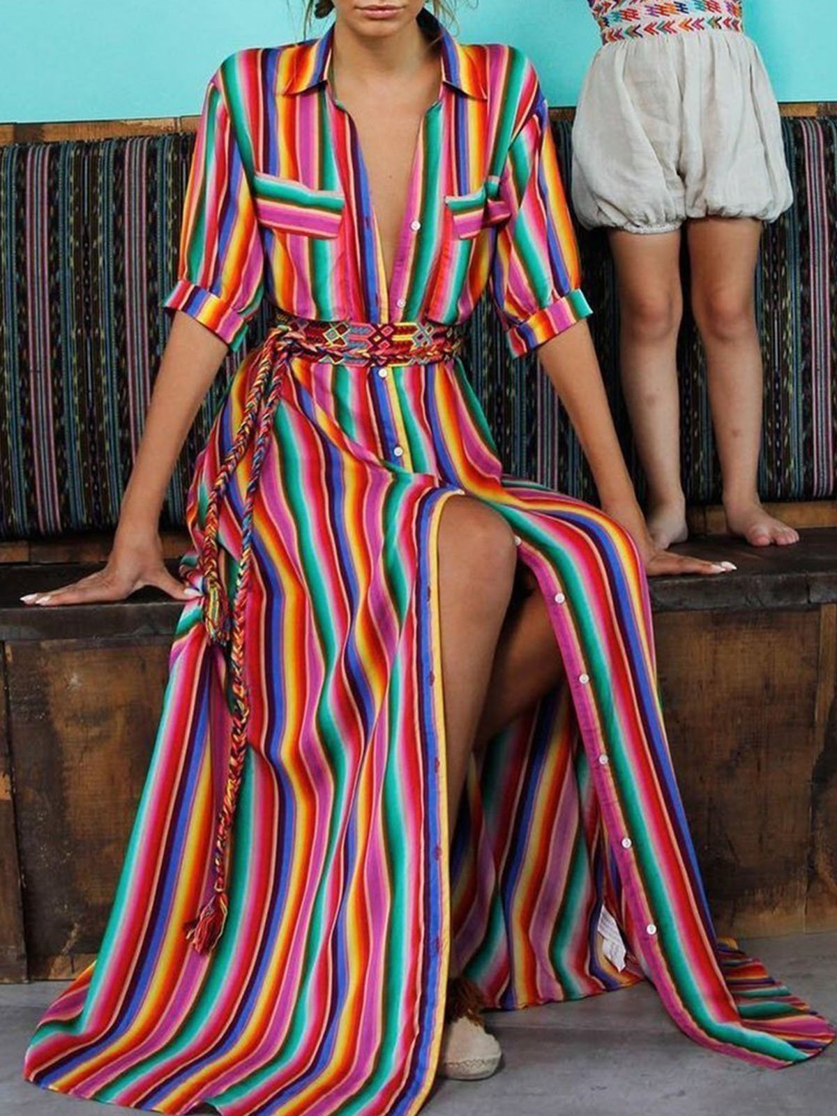 Beach Bohemian Pocket Stripe Super Long Dress