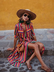 Beach Bohemian Pocket Stripe Super Long Dress